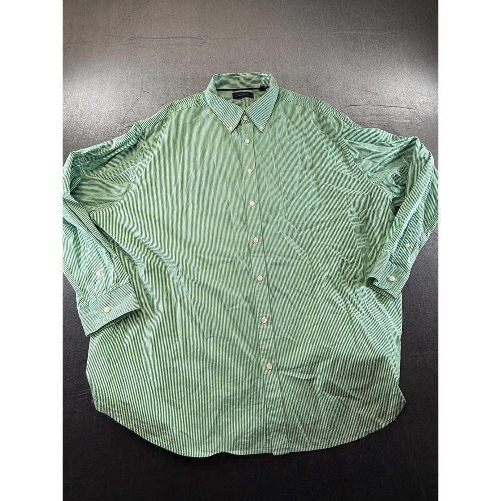 Roundtree & Yorke Mens 3X Button Down Shirt Green White Striped Cotton L/S